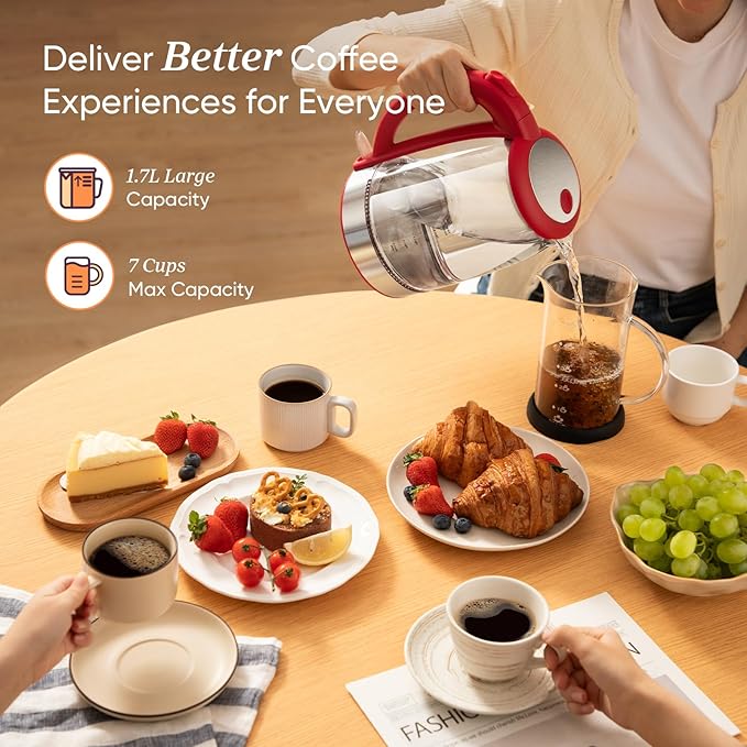 Cosori Electric Kettle, No Plastic Filter & Spout, Tea Kettle & Hot Water Boiler For Coffee & Tea, Water Heater & Teapot, Automatic Shut Off, Borosilicate glass, Red, 1.7L/1500W