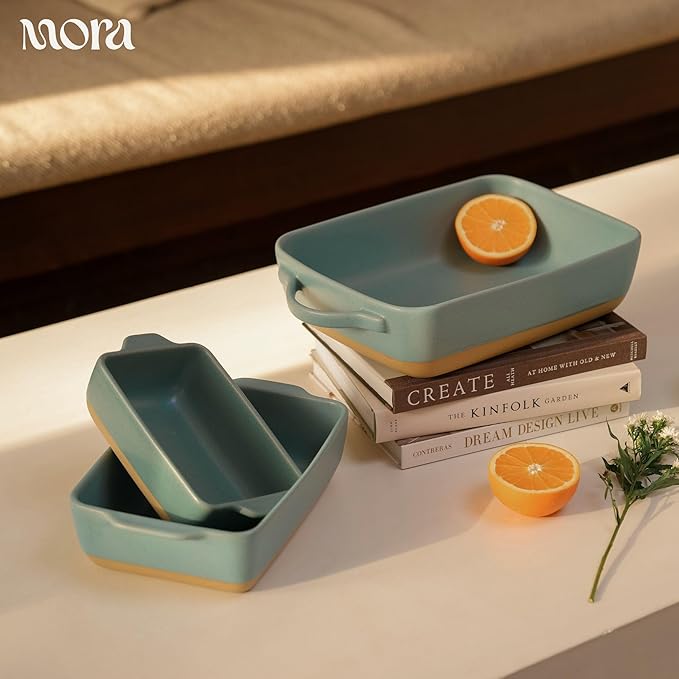 Mora Ceramic Set of 2 Baking Dishes For Casserole, Banana Bread, Brownies, Broiling, Roasting, and Baking. 7x11 in and Loaf Pans - Porcelain Serving Bakeware from Oven to Table. Freezer Safe - Iris