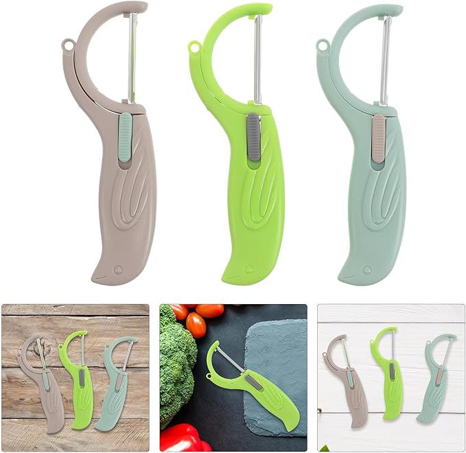 Abaodam 3pcs Rotating Multi-function Vegetable Fruit Peeler Set with Stainless Steel Blades for Peeling Slicing and Grating Kitchen Use in Khaki Blue and Green