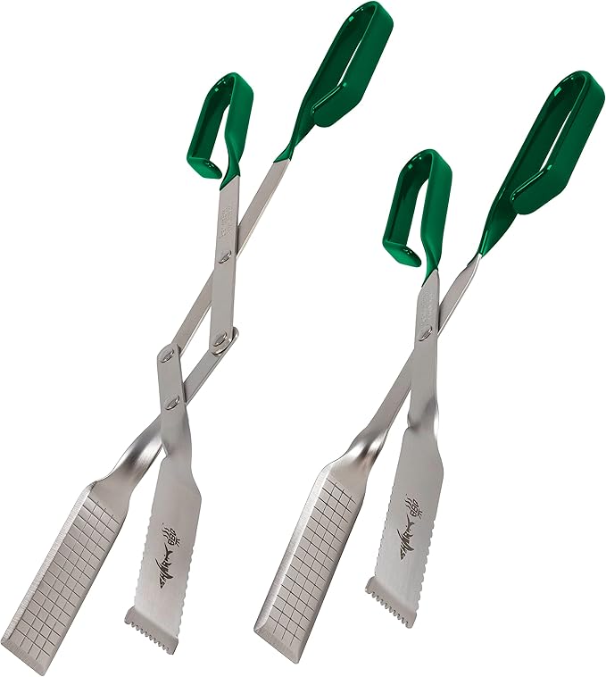 Shark BBQ Grill Tongs for Steaks - 2-Pack 17" & 13" Professional Kitchen and Outdoor Grilling Utensil Set (Green)