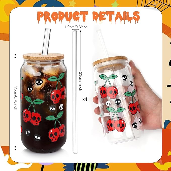 ANOTION Halloween Cups, 18oz Ghost Pumpkin Iced Coffee Mason Jar Mugs, Glass Tumbler with Lids Straws Gift Bags, Boo Basket Stuffers, Halloween Party Home Decorations & Gifts for Women Adults Kids