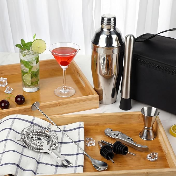9 Pcs Travel Bartender Kit Cocktail Shaker Set with Bag 25oz Martini Shaker Kit, Ice Crusher, Wine Opener, Strainer, Spoon, Jigger, Pourer, Portable Bar Gift for Home Rv Summer Party Outdoor