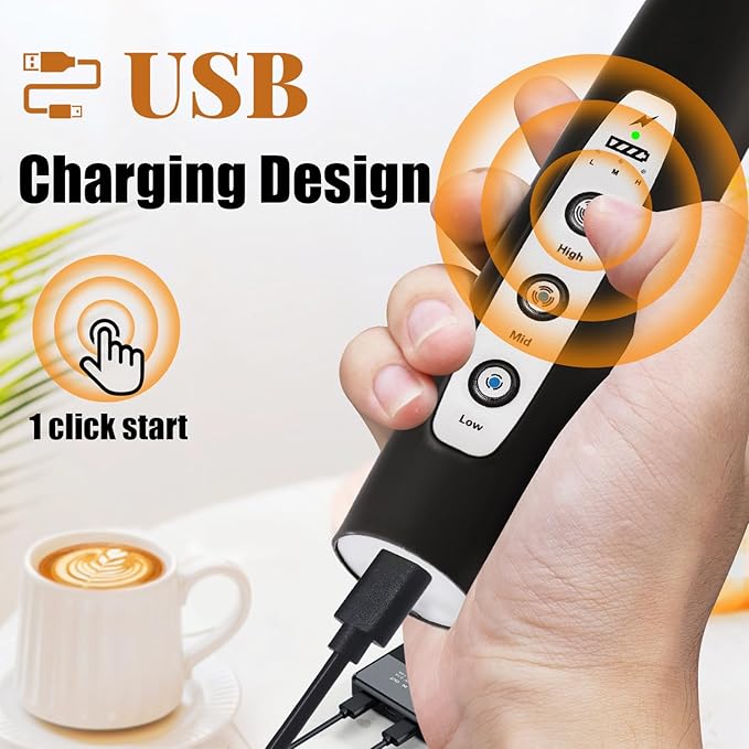 Nahida Black Milk Frother Wand for Coffee, Frother Handheld Rechargeable Electric Whisk Drink Mixer with 3 Heads 3 Speeds Coffee Frother Electric Stirrer For Latte, Cappuccino, Hot Chocolate