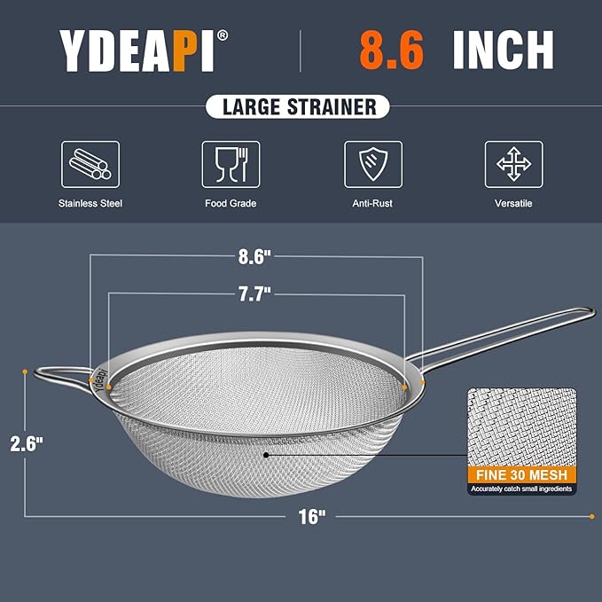 Ydeapi 8.6" Large Fine Mesh Strainer with Handle, Metal Food Strainers for Kitchen, Sieve Fine Mesh Stainless Steel for Rice, Quinoa, Pasta, Noodles