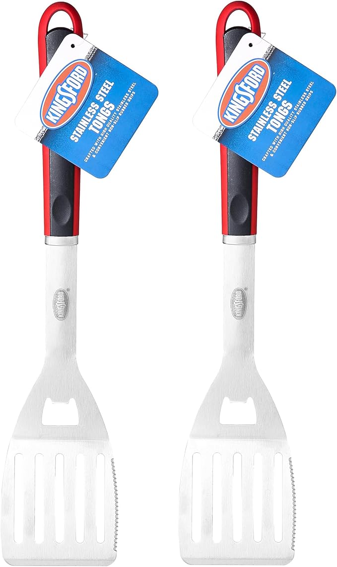 Kingsford Stainless Steel BBQ Grill Spatula, Wide Metal Blade for Confident Flips, Beveled Edge for Easy Slide Under Burgers and Fish, Comfortable Red and Black Grip, Hanging Loop - 2 Count