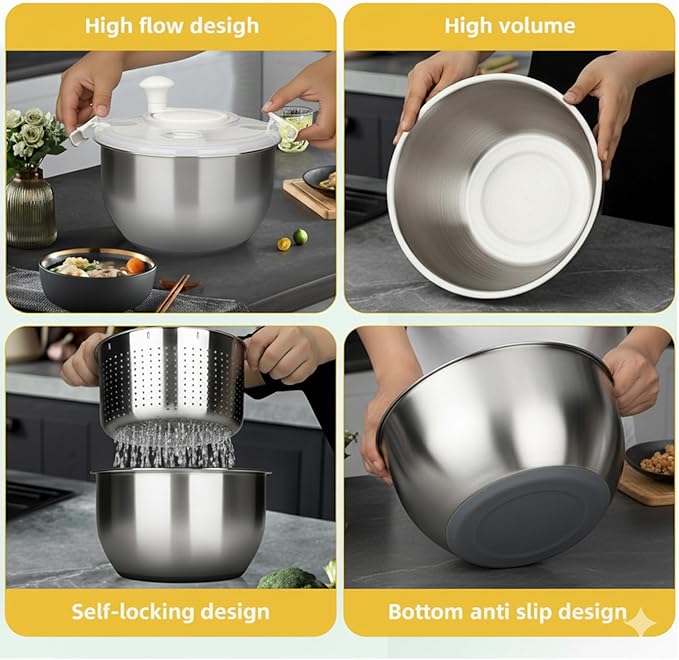6L-Stainless Steel Salad Rotator, Non-Slip Base, Vegetable Dishwasher, Multi-Use Lettuce Spinner, Kitchen Strainers.