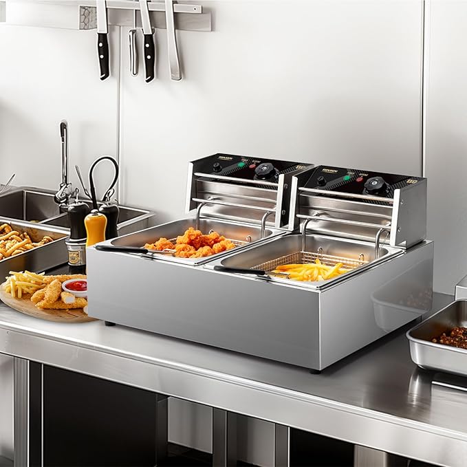 ROVSUN 22.8QT/21.6L Electric Deep Fryer, Commercial Deep Fryer with Baskets Lids Countertop, Stainless Steel Dual Tank Kitchen Fat Fryer Frying Machine for French Fries Donuts, Adjustable Temp, 3400W