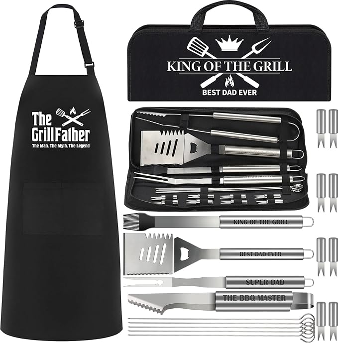 Dad Christmas Gifts from Daughter Son 19Pcs BBQ Grill Tools Set with Apron Portable Bag Heavy Duty Stainless Steel Grilling Utensils Barbecue Accessories Kit for Men Father Papa Birthday Present