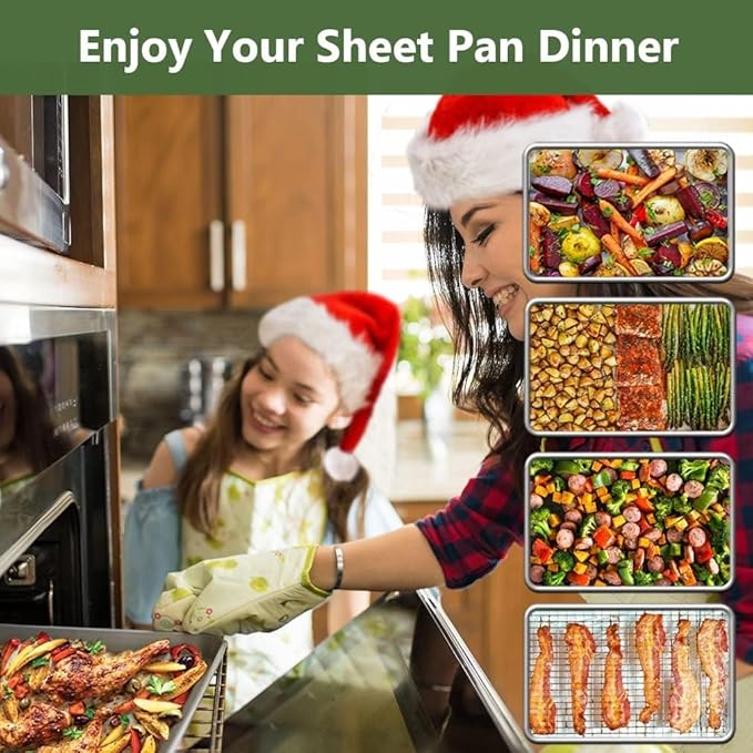 ROTTAY Baking Sheet with Rack Set (2 Pans + 2 Racks), Stainless Steel Cookie Sheet with Cooling Rack, Nonstick Baking Pan, Warp Resistant & Heavy Duty & Rust Free, Size 16 x 12 x 1 Inches