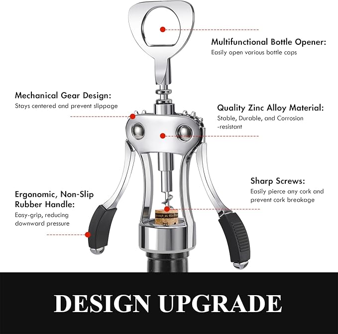 KORCCI Wine Opener, Heavy-Duty Zinc Alloy Wing Corkscrew, Premium Beer Bottle Opener, Multifunctional Wine Accessories with Ergonomic Handle and Sharp Screw, for Kitchen, Bar, Restaurant (SILVER)