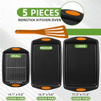 5-Piece Nonstick Baking Pans Set - Premium Carbon Steel Bakeware with PFOA/PFOS/PTFE-Free Coating, Red Silicone Handles (Black Orange)