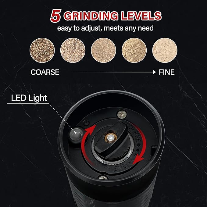 Electric Salt and Pepper Grinder Set - Battery Operated Spice Mills with Adjustable Coarseness, LED Light, Automatic Spice Grinder for Kitchen Appliance, with Cleaning Brush and Stand, Home Cooking