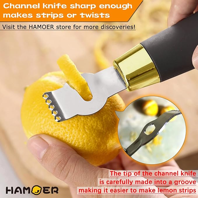 Lemon Zester Tool with Channel Knife Citrus Twist Making Tool Ergonomic Curved Handle Gold-Black