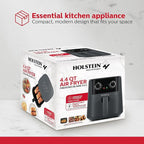 Holstein Housewares 4.4QT Air Fryer. Your All-in-One Culinary Solution. Air fry, roast, bake or grill. Adjustable temperature and time, Hot air technology and Dishwasher Safe, 1400W, Grey