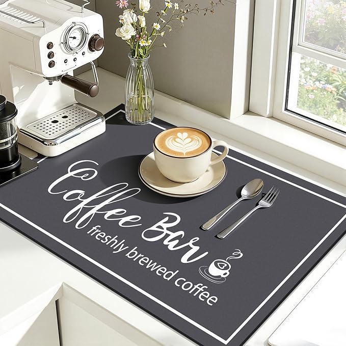 Findosom Dish Drying Mat, 12"x 20" Super Absorbent & Hide Stain Coffee Mat, Cuttable Drying Mat for Kitchen Counter, Coffee Bar Accessories, Under Dish Rack, Coffee Maker, Espresso Machine, DarkGrey