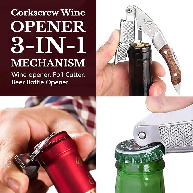 Waiters Corkscrew Wine Opener - Double-Hinged Fulcrum 3-In-1 Cork Screw Wine Bottle Opener Heavy Duty Stainless Steel & Classic Rosewood. Serrated Foil Cutter. Beer Opener. Magnetic Gift Box