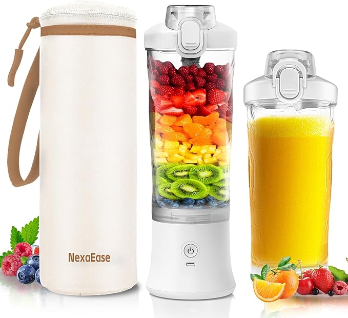 Portable Blender Personal Juicer for Shakes and Smoothies - 20 OZ Electric Protein Shaker Bottle with Insulated Sleeve, Travel Lid, USB-C Rechargeable - Mini Small Blender Cup for Kitchen, Office, Gym