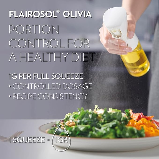 FLAIROSOL OLIVIA SIGNATURE Advanced Kitchen Oil Sprayer Technology, Fine Mist & Portion Control, Refillable Glass Olive Oil Cooking Spray Bottle for Air Fryer, Salad, BBQ, 130ml (Golden Leaves)
