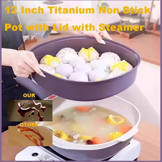 12in Titanium Alloy Non-Stick Pot with Lid with Steamer 2026 Upgrade Titanium Pot Titanium Frying Pans Nonstick Titanium Pots and Pans, Nonstick Frying Pan Cookware Sets