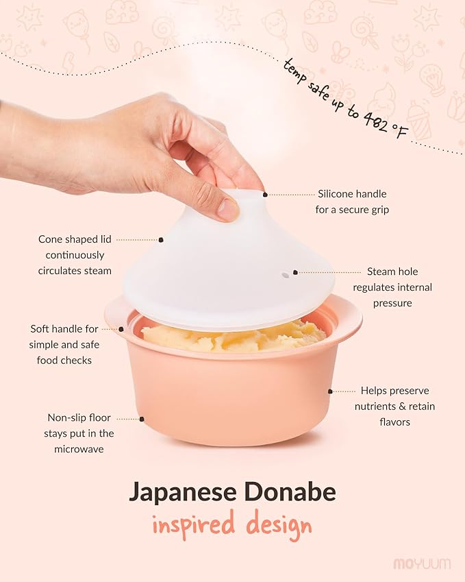 Moyuum Silicone Microwave Steamer | Made in Korea, Baby Food Maker Bowl with Lid, Egg and Vegetable Steam Cooker, Japanese Donabe Inspired Cooking Pot, Dishwasher Safe (Small, Mustard)