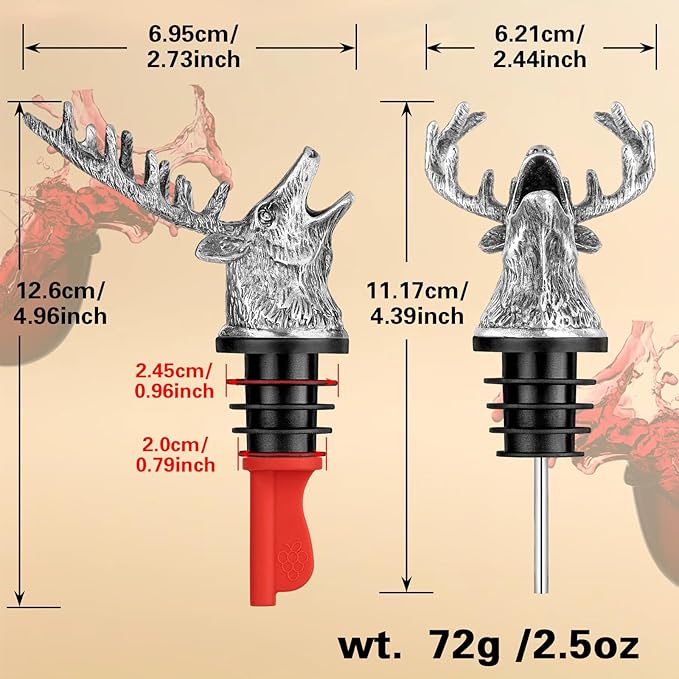 LKKCHER Deer Head Wine Bottle Pourer and Stopper Birthday Gifts Hunting Gifts for Hunters Men Dad Liquor Bottle Pourers Spout for Alcohol Spirits, Stag Gifts Wine Gifts, Dark Silver