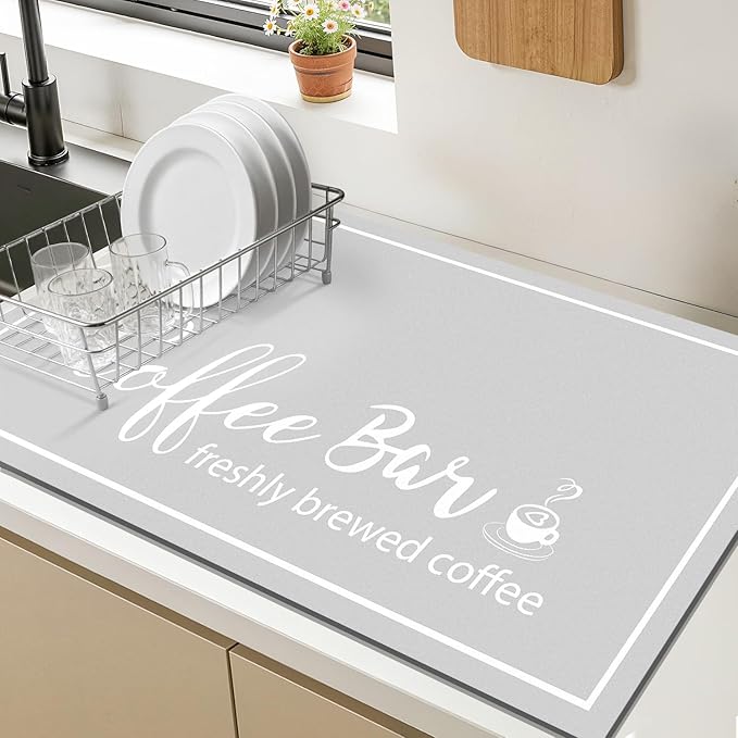 Findosom Dish Drying Mat, 16"x 24" Super Absorbent & Hide Stain Coffee Mat, Cuttable Drying Mat for Kitchen Counter, Coffee Bar Accessories, Under Dish Rack, Coffee Maker, Espresso Machine, LightGrey