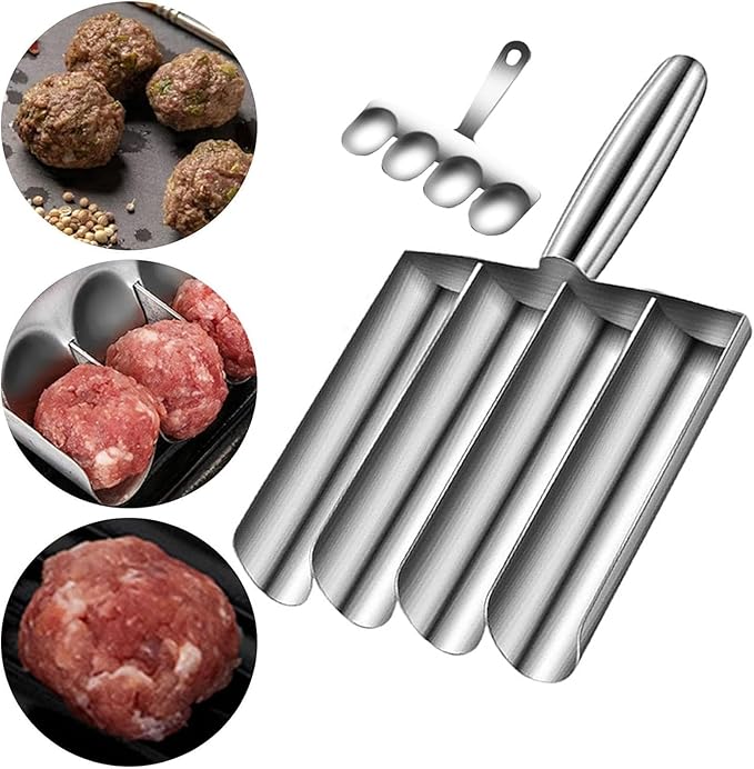 4-in-1 Meatball Maker Tool, 304 Stainless Steel Meatball Scoop & Mold, Makes 4 Uniform Meatballs at Once, Nonstick Release, Dishwasher Safe, for Pasta, Soup, Meal Prep & Party Appetizers