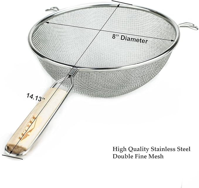 Huji 8-Inch Stainless Steel Double Mesh Food Strainer Colander - Fine Sieve Sifter with Wooden Handle for Kitchen Cooking, Pasta, Rice, Noodles, and More