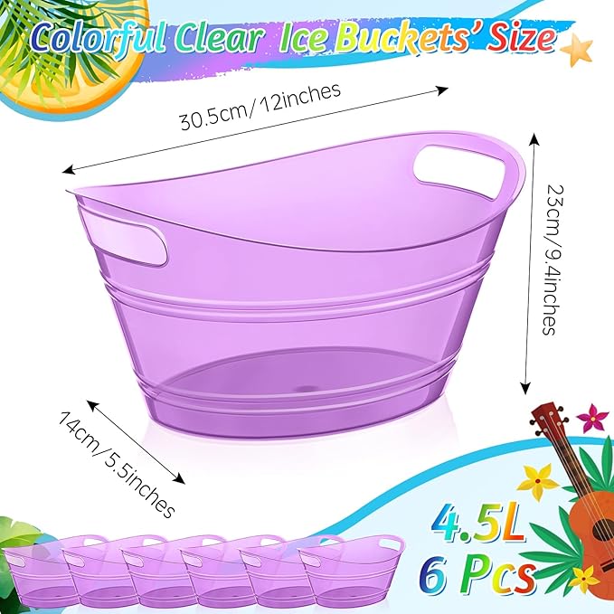 meekoo 6 Pcs Plastic Ice Buckets Bulk with Handles 4.5L Oval Storage Tub Large Capacity Ice Drink Bucket for Party Bar Wine Beer Champagne Beverage Bottle Cooler (4.5 L,Purple)