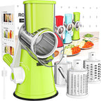 Cambom Rotary Cheese Grater Hand Crank Cheese Shredder for Fresh Cheese, Vegetable, Nuts,Non-slip Suction Base, Free Cleaning Brush Three Blades, Green