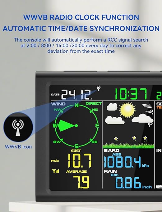 10-in-1 Wireless Weather Station with Dual Display, Outdoor Sensor, Rain Gauge, Atomic Clock, Wind Speed, Indoor Temp/Humidity, Barometric Pressure,etc (No WiFi)