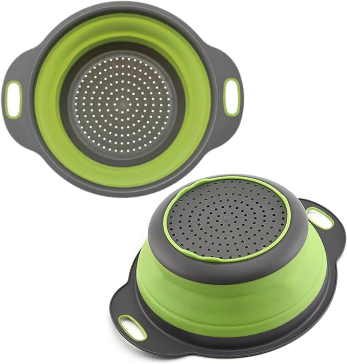 Small Collapsible Colander with Plastic Handles Round Silicone Kitchen Strainers Foldable Kitchen Strainer Perfect for Draining Pasta Vegetable and Fruit Green