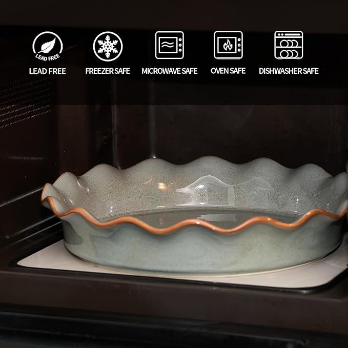 SIDUCAL Ceramic Pie Pan for Baking[10.5 inch],Reusable NonStick Ceramic Pie Plate with Ruffled Edge,Deep and Fluted Pie Dish for Apple Pie,Quiche,Pot Pies, Tart, etc（Green）