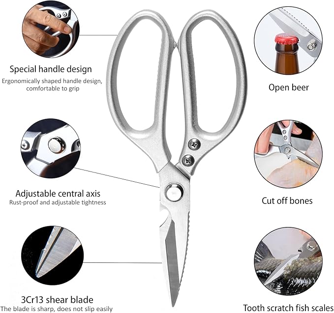 8.5" Kitchen Scissors for Food Chef Scissors Heavy Duty Culinary Scissor Full Metal Professional Sharp Kitchen Shears for Cooking Chicken Meat Pizza, Silver