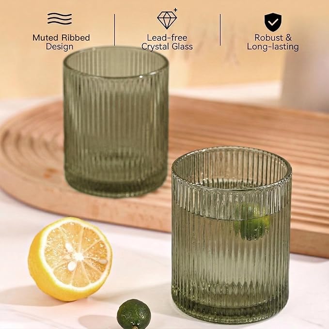 Physkoa Mint Green Ribbed Drinking Glasses Set of 6 – 9oz Vintage Green Glassware, Embossed Ribbed Tumbler Cups for Juice, Water, Cocktail, Iced Coffee