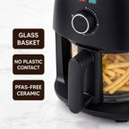 Elite Gourmet Glass Air Fryer, 2.4 Qt Compact Size for 1–2 People, PFAS-Free Ceramic & Glass Basket, Visible Cooking, Adjustable Temp 175–400°F, 1150W, Black