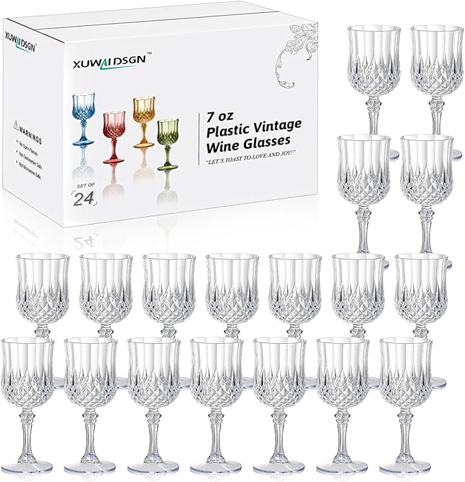XUWAIDSGN 24 Pcs 7oz Plastic Vintage Wine Glasses Drinking Glasses Unbreakable Wedding Glassware Crystal Water Goblets Reusable Drinkware Vintage Champagne Flutes (24, Clear)