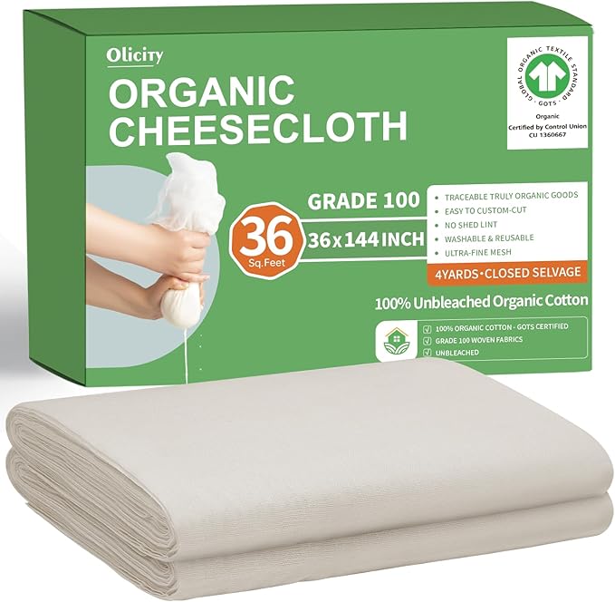 Organic Cheese Cloths, GOTS Certified, Grade 100, 36 Sq Feet, Reusable Cheese Cloth with Closed Edges Fabric Fine Mesh Cloth, Unbleached Cotton Muslin Cheesecloth for Straining,Bread,Crafts - 4 Yards