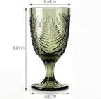 Green Stemmed Goblet, Hand-Pressed Fern Embossed Textured Glass for Water, Cocktails & Wine, Retro Boho Colored Stemware, Decorative Bar Drinkware for Kitchen Dining Table, Unique Botanical Style Gift