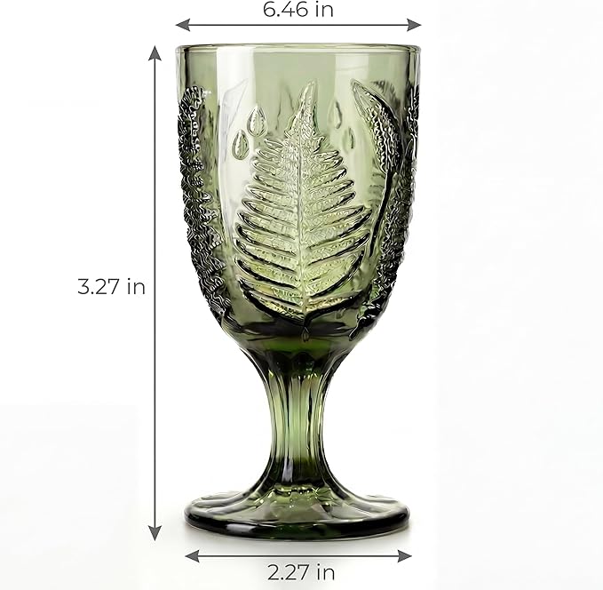 Vintage Green Stemmed Goblets Set of 4, Fern Embossed Textured Glass Wine Goblets, Retro Boho Colored Stemware, Decorative Drinking Glasses for Water, Wine & Cocktails, Vintage Glassware Gift Set