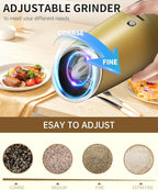 CIRCLE JOY 2-Speed Gravity Electric Pepper Grinder, Rechargeable Salt Grinder Pepper Mills, Adjustable Coarseness, White LED Light, 135ML Large Capacity, Gold