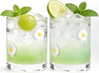 2 Pcs Handmade Daisy Icon Juice Glass Cup, Durable Heat-Resistant Glass, 14 oz Double Old Fashioned Drinking Glass Cup for Holiday Party Supplies Spring Gifts