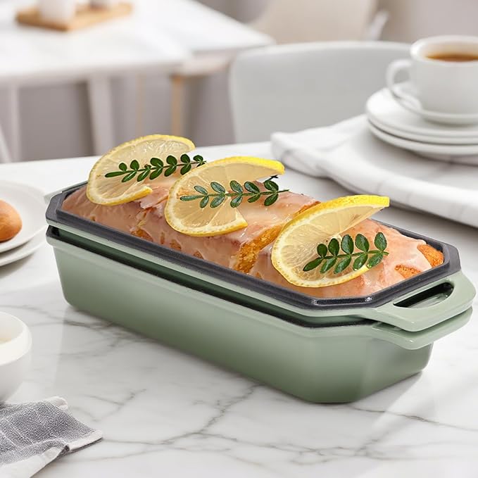 Flavehc Bread Pan Cast Iron Loaf Pan with Lid Bread Loaf Pan 13x5 Inch Enameled Cast Iron Sourdough Bread Pan,AquaGreen