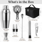 9 Pcs Travel Bartender Kit Cocktail Shaker Set with Bag 25oz Martini Shaker Kit, Ice Crusher, Wine Opener, Strainer, Spoon, Jigger, Pourer, Portable Bar Gift for Home Rv Summer Party Outdoor