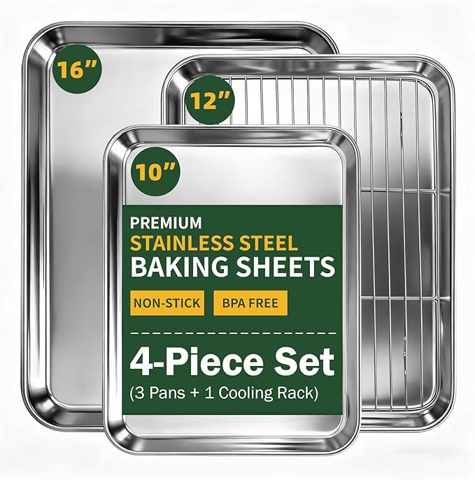 4-Piece Baking Sheet Set with Cooling Rack, Stainless Steel Cookie Sheets & Baking Pans Set, Non-Stick Cookie Trays for Oven Roasting & Food Prep, BPA-Free 10/12/16 Inch