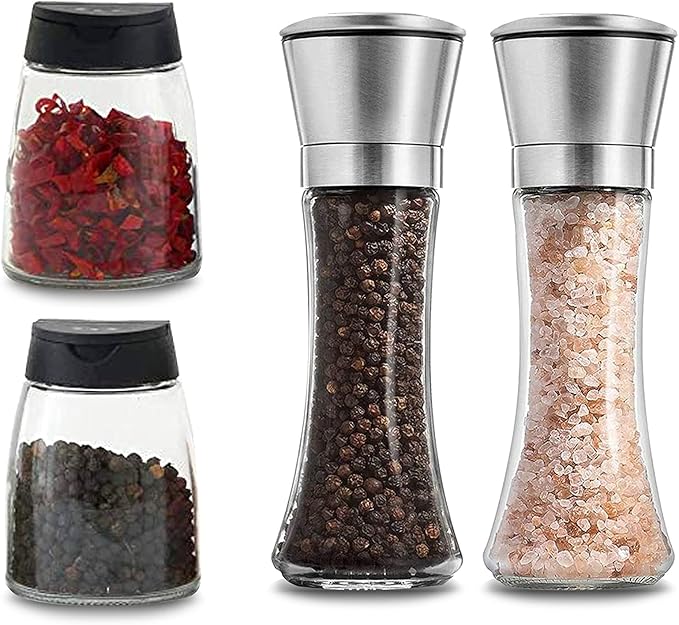 Salt and Pepper Grinder Set Combo - Two Free Spice Jars - Black Pepper,Herb Shakers Mill Refillable Manual - Stainless Steel - Adjustable Coarseness - Glass Material - Fits in Home,Kitchen,Barbecue