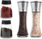 Salt and Pepper Grinder Set Combo - Two Free Spice Jars - Black Pepper,Herb Shakers Mill Refillable Manual - Stainless Steel - Adjustable Coarseness - Glass Material - Fits in Home,Kitchen,Barbecue