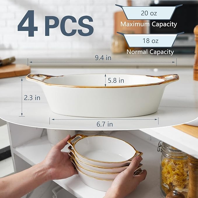 ONEMORE Au Gratin Baking Dish Oval Ceramic White Small Casserole Dish Oven Safe Baking Dishes for Oven Individual Serving Dishes Mini Casserole Dish Set of 4 for Lasagna Quiche, 6x8, 20 oz, Brown Rim