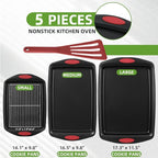 5-Piece Nonstick Baking Pans Set - Premium Carbon Steel Bakeware with PFOA/PFOS/PTFE-Free Coating, Red Silicone Handles (Black Red)