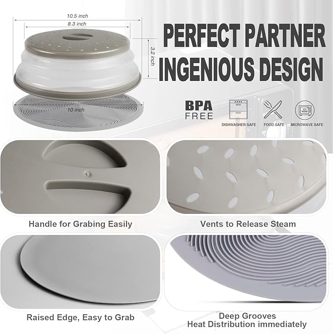 2 in 1, Aidacom Microwave Place Mat & Food Cover- Mat as Bowl Holder, for Splatter Guard, Multi-use: Silicone Trivet, Pot Holders, Drying, Baking, Utensils Rest for Kitchen Counter, Grey